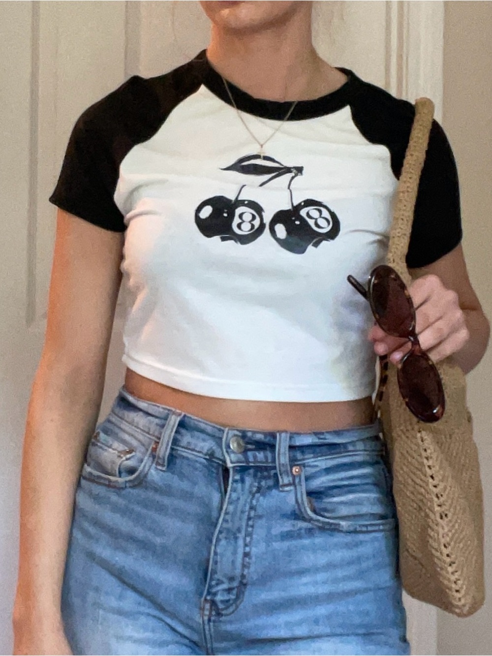 SHEIN Black & White Raglan Cherry 8-Ball Crop Top